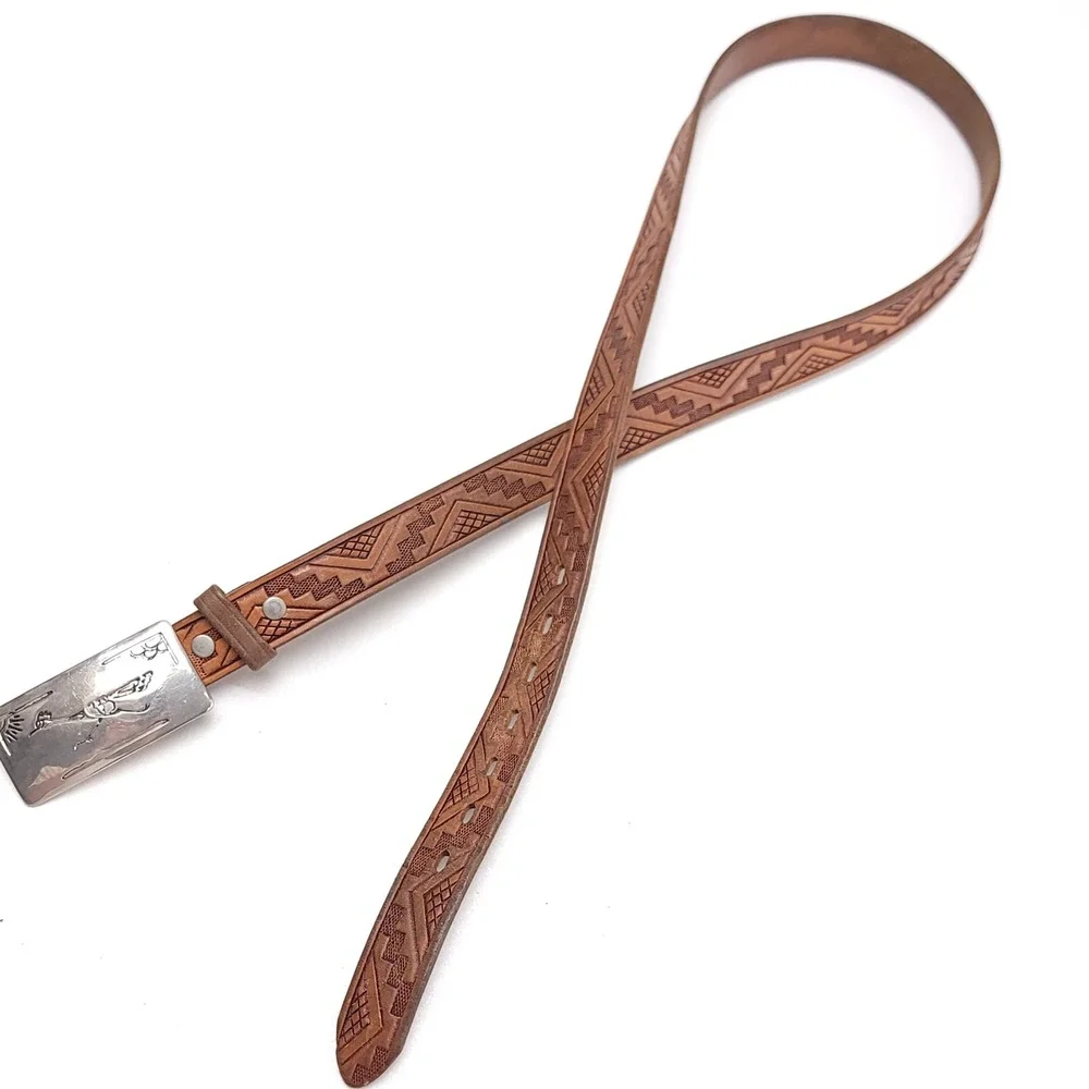 Vintage Covered Wagon Tooled Leather Belt 38 Brown Roadrunner Buckle 1in Wide